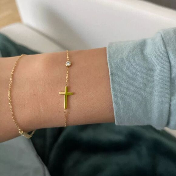 Gold Sideways Cross Bracelet Cubic Zirconia Charm - Picture 4 of 11